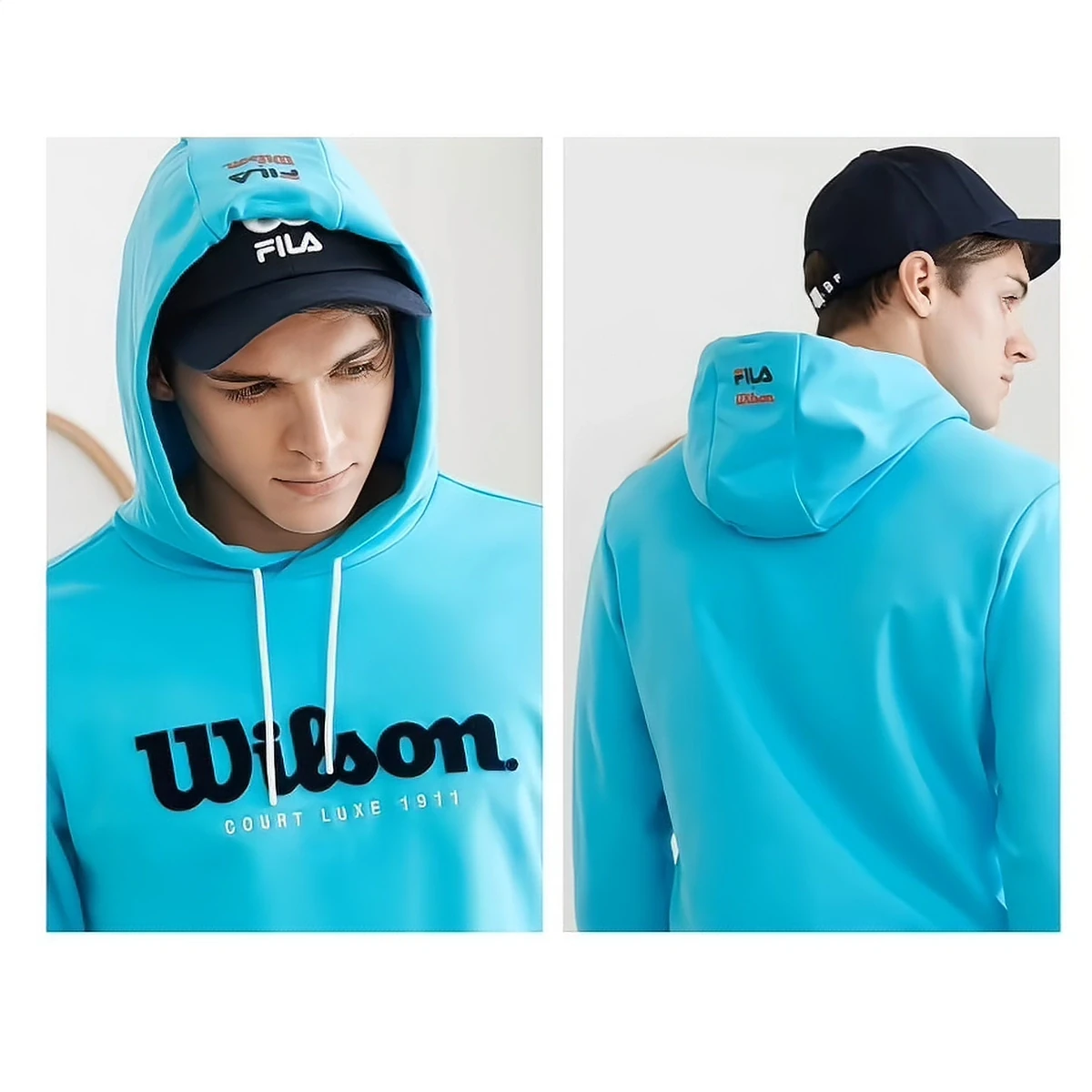 FILA × Wilson 联名款卫衣前幅牙刷绣立体字母（正面 / 背面）